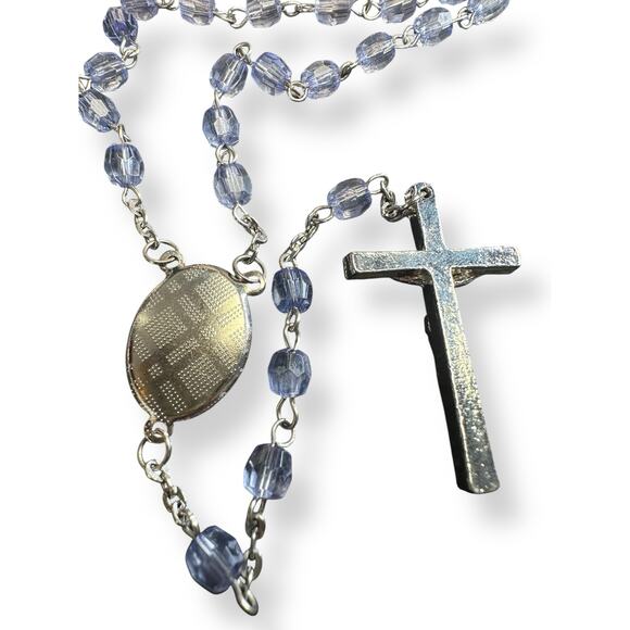 Blue Acrylic Faceted Beaded Rosary on Silver-Tone Chain - Picture 3 of 3